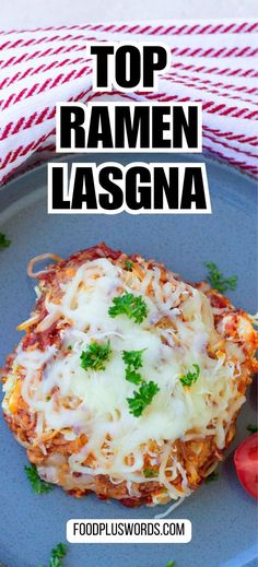 top ramen lasagna on a blue plate with parsley