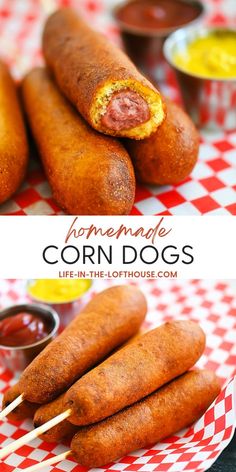 homemade corn dogs on a red and white checkered tablecloth