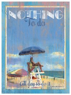 a sign that reads down the shore with a man sitting on a beach chair under an umbrella