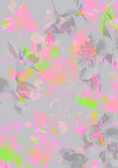 an abstract floral pattern with pink and green flowers on a gray background, in shades of grey