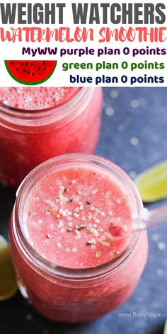 two glasses filled with watermelon lime smoothie on top of a blue surface