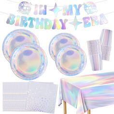 PRICES MAY VARY. Valuable Iridescent Party Decorations: Our iridescent party decorations Include 25 paper dessert plates (7 inches), 25 paper dinner plates (9 inches), 25 cups (9oz), 25 napkins (6.5 x6.5 inches) and 1 set special ''In My Birthday Era'' banner, which can serves party less than 25 guests, can meet most of your party need. Shinny Iridescent Design: These iridescent plates and napkins set features a shiny holographi iridescent design, they will reflect colorful colors under differen Iridescent Party Decorations, Halloween Diy Door, Iridescent Design, Cheap Party Decorations, Iridescent Party, Disco Birthday Party, Pastel Birthday, Birthday Party Set, Woman Birthday Party