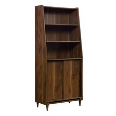 a wooden bookcase with three shelves on one side