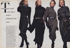 three women in black dresses are posing for a magazine ad with the caption't winning line life new grey dress for day '