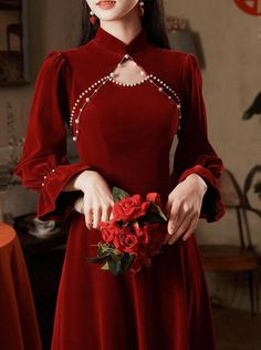 Qipao Dress Engagement Wedding Dress Women Wine Red Chinese Velvet Winter