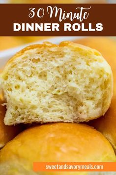 several best 30 minute dinner rolls ovee on top of other, the upper one is bitten Saffron Buns Recipe, Soft Dinner Rolls Recipe, 30 Minute Dinner Rolls, Bun Recipes, Yeast Rolls Recipe, Slider Rolls, Easy To Make Dinners