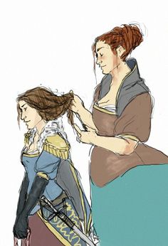 a woman getting her hair cut by another woman in a blue and brown dress with headphones on