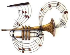 a brass trumpet with musical notes on it's side and an arrow in the middle