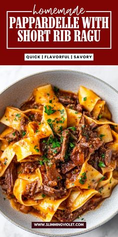 homemade papparella with short rib ragu in a white bowl on a marble surface