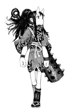 a black and white drawing of a girl with long hair wearing a dress holding a purse