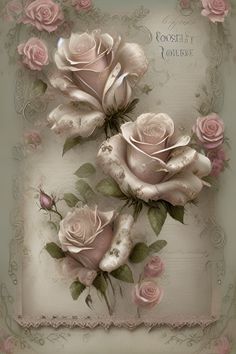 three pink roses are on top of an ornate card