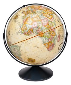 an old world globe is shown on a black stand, with the map in red and yellow