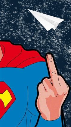 a cartoon superman pointing at a paper airplane in the sky with snow falling on it