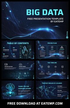 the big data powerpoint presentation is shown in blue and black colors, with an abstract background