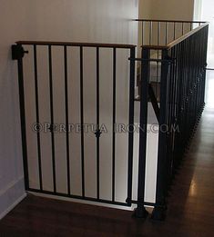 an empty room with a black gate and wooden floors