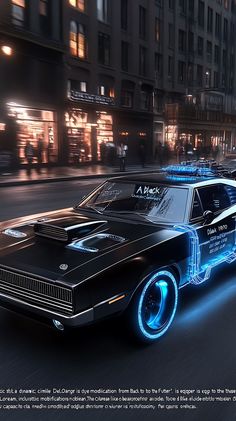 A black 1970 Dodge Charger positioned in a dynamic, cinematic style similar to the DeLorean from 'Back to the Future'. The Charger is equipped with futuristic modifications like those on the DeLorean, including a visible flux capacitor inside, blue electrical energy effects, and retro sci-fi elements. The environment around the car is a mix of urban and futuristic settings, with dramatic lighting that highlights the unique features of the vehicle.