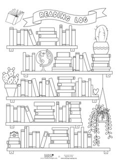 a book shelf with books and plants on it, reading log is in the background