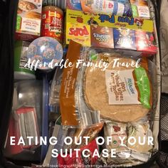 an open suitcase filled with food and condiments to eat out of your suitcase