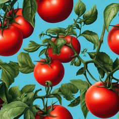 a painting of tomatoes on a branch with green leaves and blue sky in the background