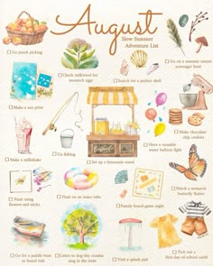 an illustrated poster with some things to see on it's back cover, and the words august written in cursive writing