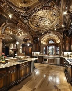 a large kitchen with wooden floors and ornate ceilinging, along with marble counter tops