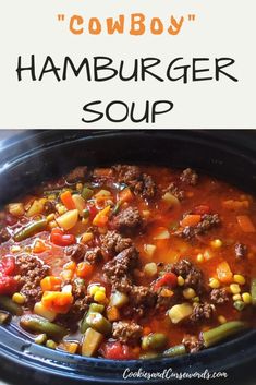 a crock pot filled with hamburger soup