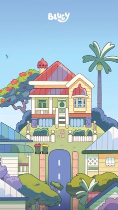 a cartoon house with trees and bushes in the background