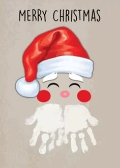 a christmas card with an image of a santa hat and hand print on the front