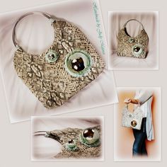 three pictures of purses with eyeballs on them, one in the shape of an owl