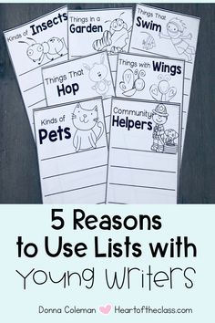 five books with the title 5 reasons to use lists with young writer's