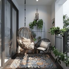 an indoor area with hanging chairs and potted plants on the balcony, next to a door