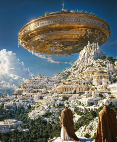 two men standing on top of a hill with a giant object in the sky above them