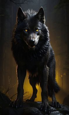 a black wolf with yellow eyes standing on a rock in the dark forest at night