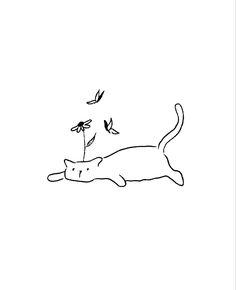 a black and white drawing of a cat chasing a bird