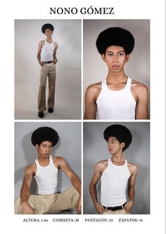 four different pictures of a young man in white tank top and khaki pants