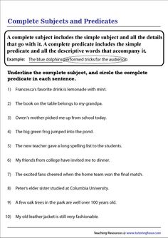 the complete worksheet for an english language lesson with answers on subject subjects and predicate