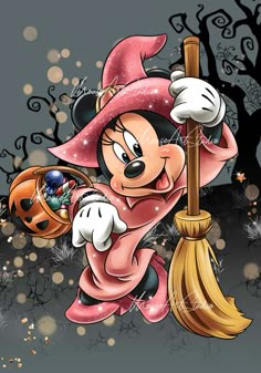 a cartoon mickey mouse with a broom and pumpkin