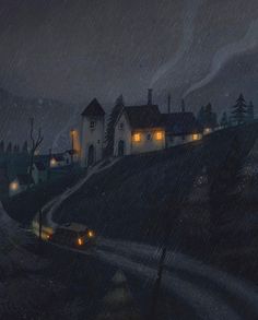 a painting of a house on a hill with lights in the windows and rain coming down