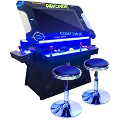 an arcade machine with two stools next to it