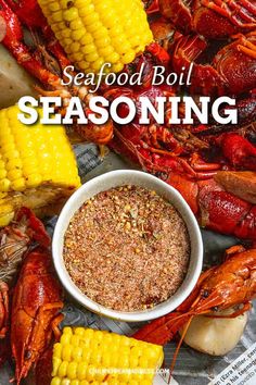 the cover of seafood boil seasoning, with corn on the cob and lobsters