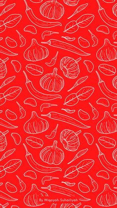 red and white hand drawn vegetables on a black background