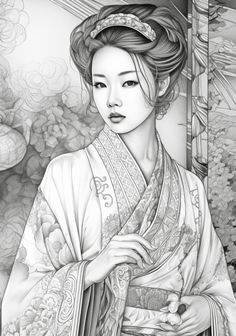 a black and white drawing of a woman wearing a kimono with flowers in the background