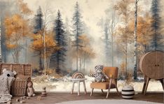 a room that has a wall mural with trees and animals on it, along with two wicker chairs in the foreground