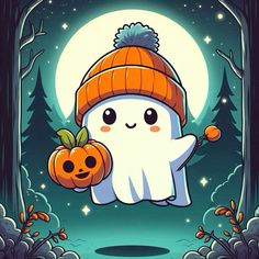 a cartoon ghost holding a pumpkin in front of a full moon with trees and bushes