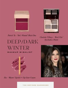 Products from Patrick Ta, Charlotte Tilbury, and Ilia! Dark Winter Color Palette Makeup, Deep Winter Color Palette Makeup, Winter Color Palette Makeup, Romantic Deep Winter, Winter Colour Season, Deep Winter Color Analysis, Color Analysis Deep Winter, Toasted Soft Winter, Burnished Winter