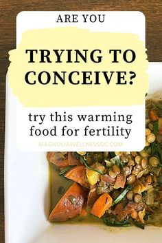 a white plate topped with food and text that reads are you trying to conceive? try this warming food for fertity