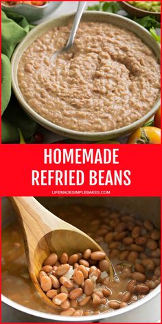 homemade refried beans in a bowl with a wooden spoon on the side and an image of