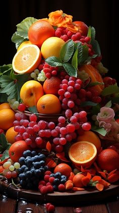 an arrangement of fruit is displayed on a wooden table with leaves and flowers in the background