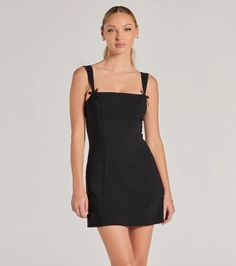 Effortlessly elevated, you'll love the simple yet chic details of this poplin mini dress. It features a sleeveless square neckline, thin adjustable shoulder straps with small bow trim accents, an underbust seam and dual vertical seams for a flattering look, and a short fitted A-line silhouette.Fit & FeaturesPoplin woven fabric with knit lining, plenty of stretchSquare neckline with padded bustThin adjustable shoulder straps, bow trim detailsUnderbust seam, dual vertical seamsMini-length hemF Black Semi Dress, Dress Length For Short Women, Black Sheath Mini Dress, Black Mini Dresses, Orange Homecoming Dresses, Purple Homecoming Dress, Backless Dress Short, Green Homecoming Dresses, Lace Dress Styles