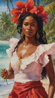 a painting of a woman on the beach with flowers in her hair and wearing a red skirt